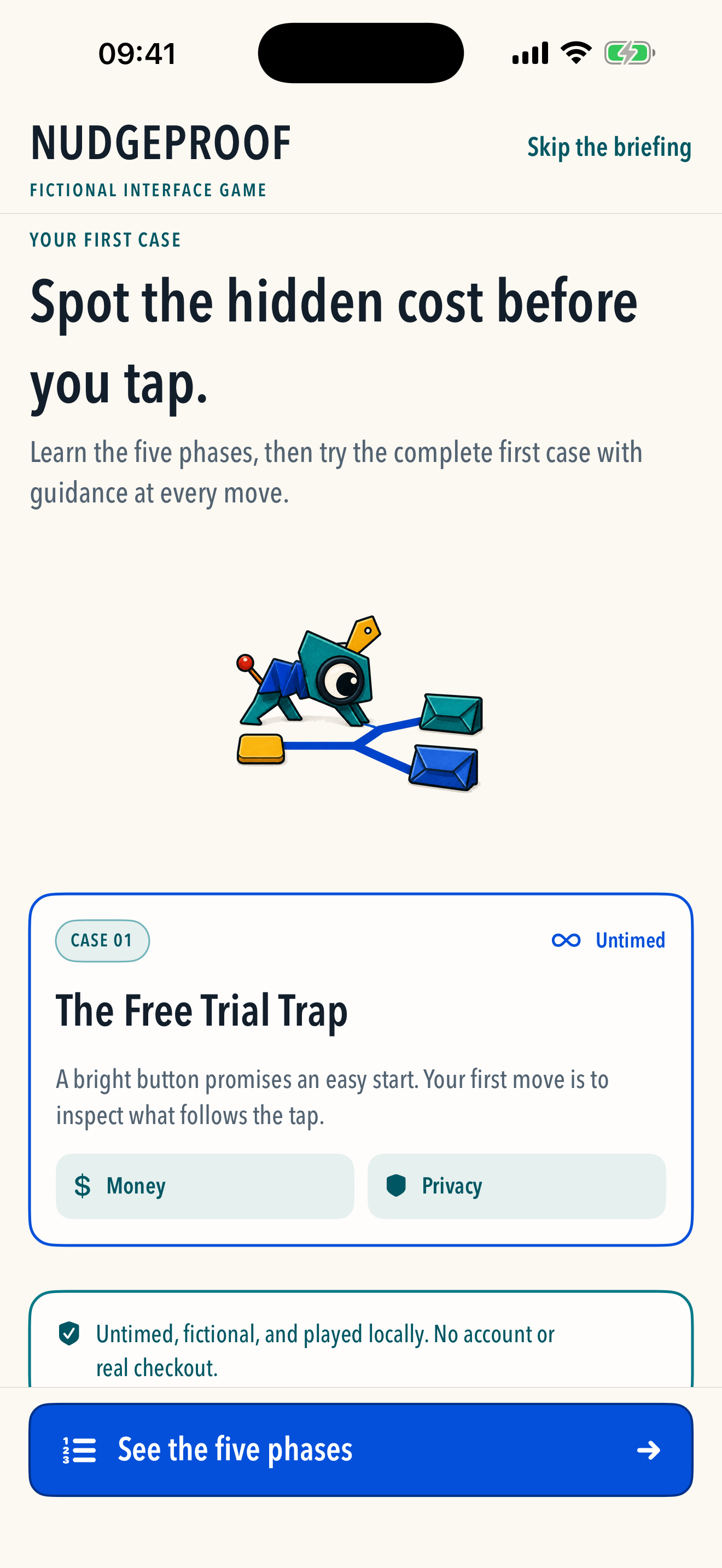 Nudgeproof onboarding introducing the five-phase investigation loop