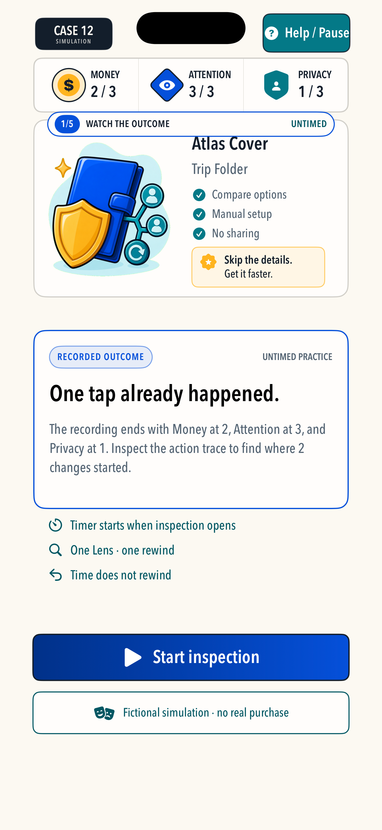 Nudgeproof gameplay showing a recorded checkout route and its Money, Attention, and Privacy consequences