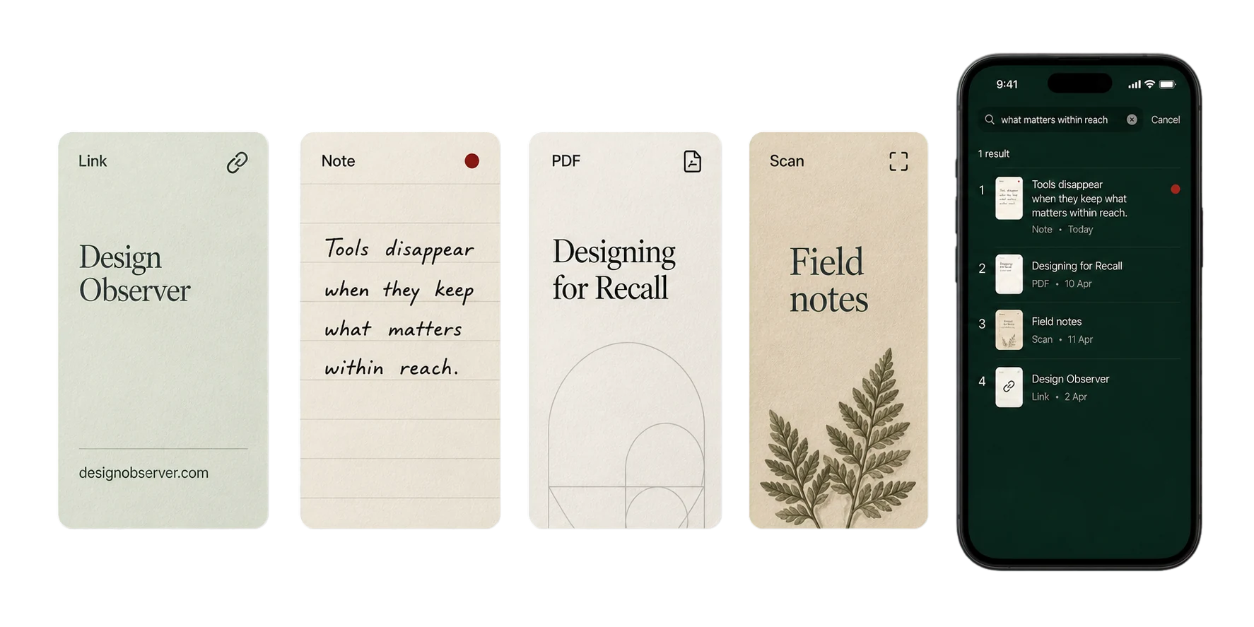 Illustration of saved links, notes, PDFs, and scans leading to a search result